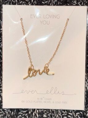 Ever Ellis Gold 'Love' Pendant Necklace - 18K Gold Plated, 16-18” Chain - NEW
